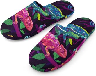 Generic Colorful Chameleons Mens Slippers Flannel Warm House Shoes with Rubber Anti-Slip Sole Slip On for Home Outdoor
