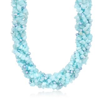 Ross-Simons 5-6mm Blue Cultured Pearl and Milky Aquamarine Torsade Necklace With Sterling Silver