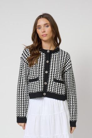 Central Park West Skye Scallop Stitch Cardi in Black/white at Nordstrom, Size X-Small