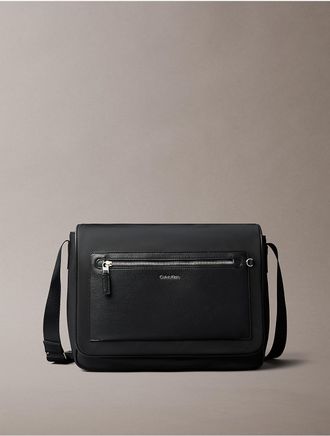 Calvin Klein Mens Hardware Logo Mixed Flap Messenger Bag - Black