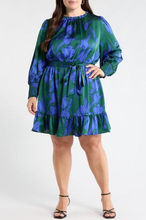 Sugarlips Busbee Floral Sevilla Satin Long Sleeve Dress in Emerald-Multi at Nordstrom, Size 2X