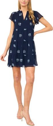 CeCe by Cynthia Steffe Embroidered Shell Detail Flutter Sleeve Minidress in Classic Navy at Nordstrom, Size Xx-Small