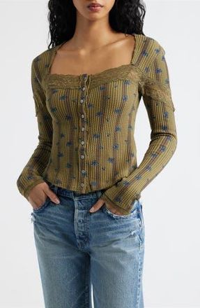 Free People Lets Party Floral Lace Trim Cotton Waffle Knit Button-Up Top in Beehive Combo at Nordstrom Rack, Size X-Small
