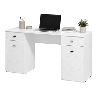 Dmora Escritorio Ziro, 2 Cajones, 3 Estantes, 2 Puertas, 140x50x77h Cm Blanco Mate