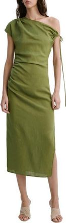 Mango Side Ruched One-Shoulder Midi Dress in Green at Nordstrom, Size 2