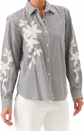 Karen Kane Long Sleeve Stripe Embroidered Shirt In Black With Off White