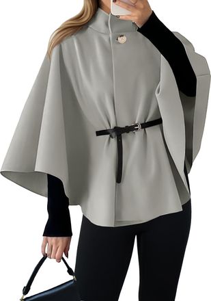 Generic Womens Batwing Sleeve Poncho Pea Coats Oversized Belted Trendy Casual Stand Collar Cloak Cape Coats (Light Grey,XL)