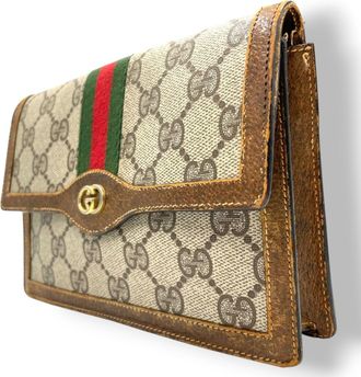 Gucci Beige Brown Green Multi-Color Red Color Gg Supreme Leather Clutch Bag Pouch (Pre-Owned)