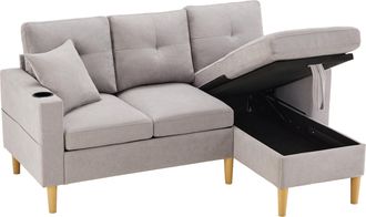 STILVORA Sof&aacute; Esquinero 3 Plazas En Algod&oacute;n Lino Con Chaise Longue De Almacenamiento, 2 Portavasos, Bolsillo Lateral Y 2 Cojines, Gris Claro