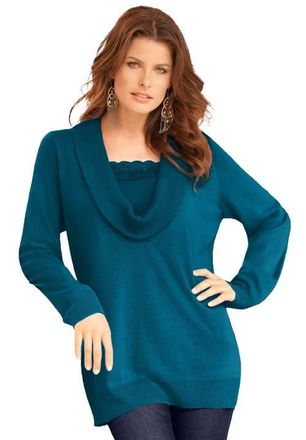 Roaman's Plus Size Lightweight Cowl Neck Sweater With Lace Trim in Deep Teal at Nordstrom, Size Medium