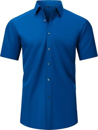 Generic Mens Super Stretchy Quick-Drying Breathable Dress Shirt, Button Down Short Sleeve Casual Summer Dress Shirts (Dark Blue,XL)