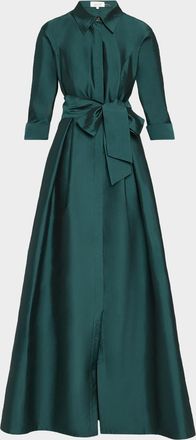 Teri Jon 3/4-Sleeve Taffeta Shirtdress Gown