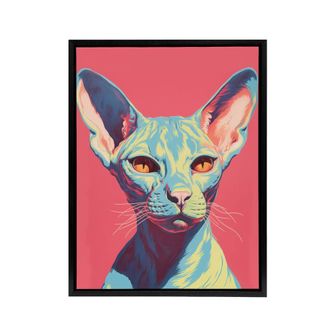 Artery8 Sphynx Cat Pop Art Pet Portrait Framed Canvas Wall Art Print in Pink | Size: W24 x H32