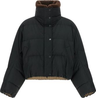 Brunello Cucinelli Gewatteerd Cropped Jack met Afneembare Schapenvachtkraag - Dames - Gewatteerde jassen - Zwart - L - Katoen - Jassen