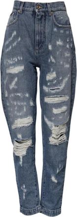 Dolce & Gabbana Versleten hoge taille spijkerbroek - Dames - Loose Fit Jeans - Blauw - XS - Katoen - Jeans