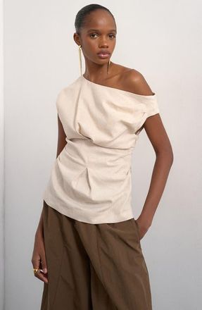 Topshop Cinched Waist Linen Blend Top in Beige at Nordstrom, Size 8 Us