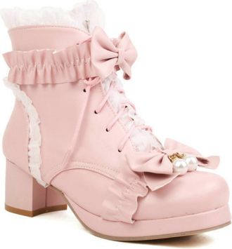 Generic Womens Lolita Ankle Boots with Lace-Up Design & Bow Detail - Chunky Heel for Cute Fashion and Comfortable,Pink,5.5 UK
