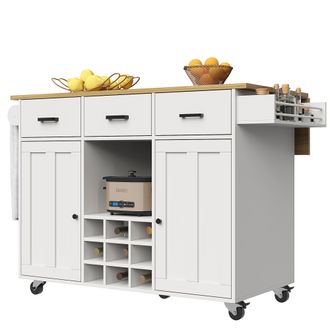 STILVORA Carro De Cocina Con 3 Cajones, 2 Puertas, Especiero, Toallero Y Encimera Abatible En Mdf 104x39,5x91,5 Cm Blanco