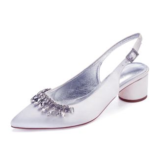 Generic Wedding Shoes Women Ankle Strap Pointed Toe Slingback Chunky Low Heels Dress Pumps Bridal Shoes 4.5Cm,White,7 UK