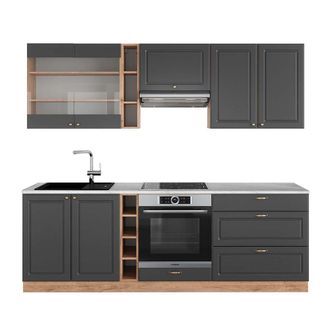 Vicco Mueble De Cocina Fame-line, Antracita Casa De Campo/roble Kraft Dorado, 235 Cm, Et M&aacute;rmol