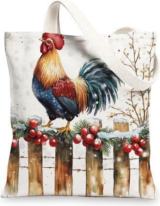 Generic Farmhouse Christmas Chicken Canvas Tote Bag for Shopping 13x15, Rustic Fences Farm Xmas Reusable Grocery Print Pattern Bag for Women, Rooster Holiday 