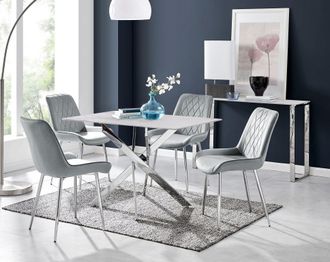 Furniturebox Leonardo White Glass Marble Effect Silver Leg Table & 4 Pesaro Silver Chairs in Grey