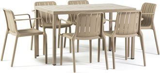 Siediti Fuori e Dentro Set mesa rectangular 130x80cm y 6 sillas de resina beige