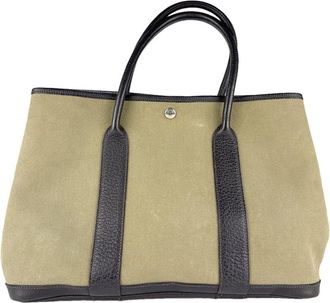Herm&egrave;s Dark Brown Khaki Canvas Leather Handbag Tote Bag (Pre-Owned)