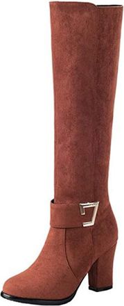 Generic Brown,6.5 UK,Fashion Belt Buckle Knee high Boots for Womens Round Toe Chunky Heels Tall Boot Suede Party Club Fall Winter Comfy Dress Shoes