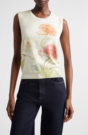 Carolina Herrera Poppy Print Silk & Cotton Sweater Tank in Almond Multi at Nordstrom, Size X-Small