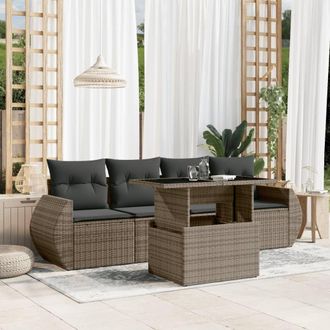 vidaXL Vidaxl - Juego De Sof&aacute;s Jard&iacute;n Con Cojines 5 Pzas Rat&aacute;n Sint&eacute;tico Gris