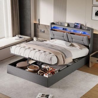 OEM Cama Doble Con Cofre - 140x190 Cm Gris Claro - Led Rgb Integrada - Estaci&oacute;n De Carga Usb Y Enchufes Eu - Almacenamiento Hidr&aacute;ulico