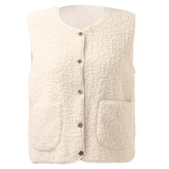 Generic Beige Teddy Fleece Gilet for Women Sleeveless V-neck Button Down Vest Sherpa Fluffy Waistcoat Coat Solid Color Lightweight Cozy Gilets Ladies Winter S