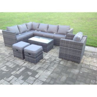 Fimous Rattan Garden Furniture Corner Sofa Set Oblong Coffee Table Chair Footstools in Dark Grey