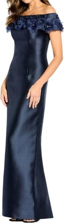 Cameron Blake Off The Shoulder Fitted Dress In Navy Blue