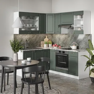 Vicco Cucina Angolare Completa Fame-line, Verde-oro Country House/bianco, 160 X 60 Cm Senza Piano Di Lavoro