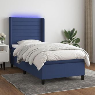 vidaXL Cama Box Spring Colch&oacute;n Y Luces Led Tela Azul 90x190 Cm Vidaxl