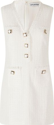 Self Portrait Cream Boucle Jeweled V-Neck Mini Dress