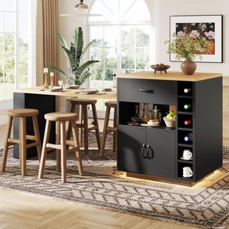 Merax Extendable Kitchen Island Breakfast Dining Table with Wine Rack in Black