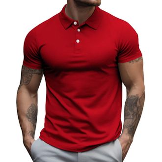 Generic Red T Shirt Men Short Sleeve Button up Solid Color Lapel Summer Casual Polo Shirts Regular Fit Breathable Lightweight Comfy Daily Classic Fashion Golf