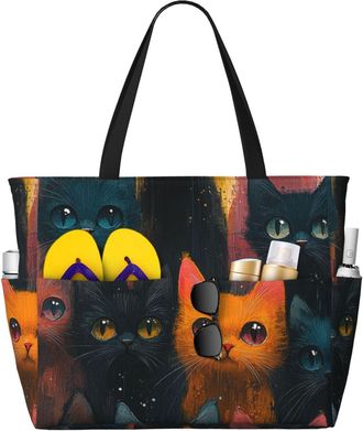 Generic Cute Cat Print Large Beach Bag Foldable Travel Shoulder Tote Bag With Pocket For Weekender Pool Vacation