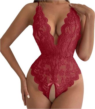 Generic British Elegance Lace Teddy Bodysuit | Deep V-Neck Adjustable Backless Lingerie | Floral Mesh Babydoll for Brides, Valentines Date Nights | Stretchy C