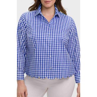 Foxcroft Scarlett Gingham Scallop Hem Button-Up Shirt in Deep Sea Blue/White at Nordstrom, Size 2 X