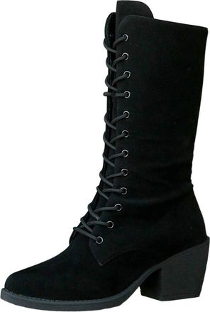 Generic Ladies Autumn Winter Mid Calf Boots Fashion Solid Color Suede Lace Up Heeled Ankle Boots Casual Ladies Booties(Black, 5.5)