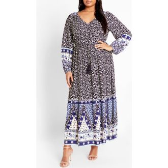 City Chic Faith Border Print Long Sleeve Maxi Dress in Brown Print at Nordstrom, Size 3Xl