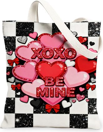 Generic ValentineS Heart Canvas Tote Bags, Love Symbol Pattern Reusable Grocery Bags, Chic Modern Lightweight Washable Shoulder St, Red, 13x15 Inch