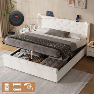 Matteo King Upholstered Bed Frame - Hydraulic Storage & Diamond Tufted Velvet in Beige