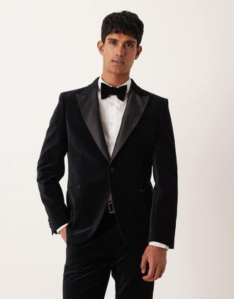 Asos Giacca da abito stile smoking elegante slim fit nera in velluto di cotone-Nero