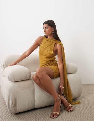 Asos vestito corto con stampa floreale floccata e dettaglio sciarpa con frange in oliva-Verde