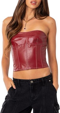 Edikted Moss Lace-Up Strapless Faux Leather Corset Top in Burgundy at Nordstrom, Size X-Small